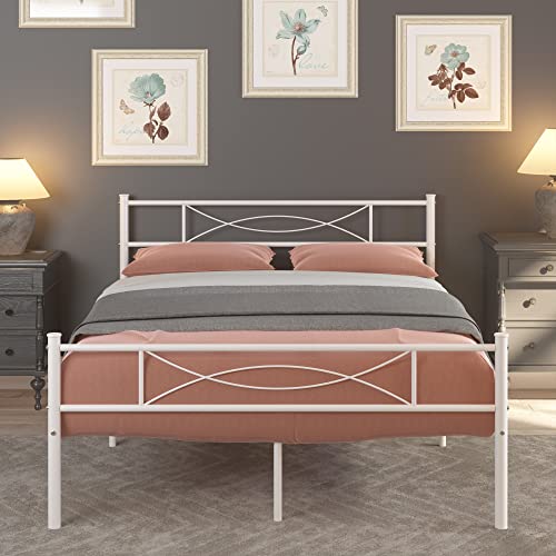 Full Size Bedframe Metal Bed Frame with Headboard and Footboard Mattress Foundation Support Platform Bed No Box Spring Needed, Popular Style White