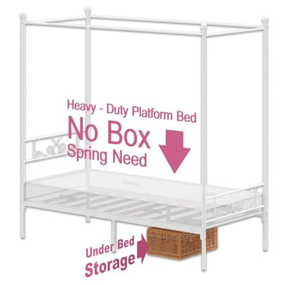Twin Canopy Bed Frame with Headboard, Metal Twin Beds for Kids, White, view 8