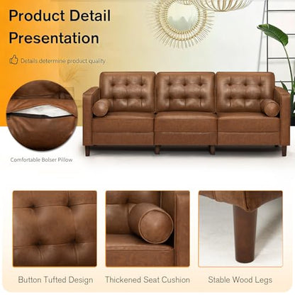 84 Inches Modern Faux Leather 3-Seat Sofa w/2 Bolster Pillows & Tufted Backrest, Mid-Century Couch, Premium 3 Seaters Sofa for Living Room, Bedroom, Office, Brown