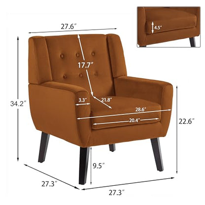 Accent Chair, Velvet Upholstered Armchair for Living Room, Modern Club Arm Chairs Comfy Single Sofa Button Tufted Bedroom Reading Seat - Orange, Set of 1
