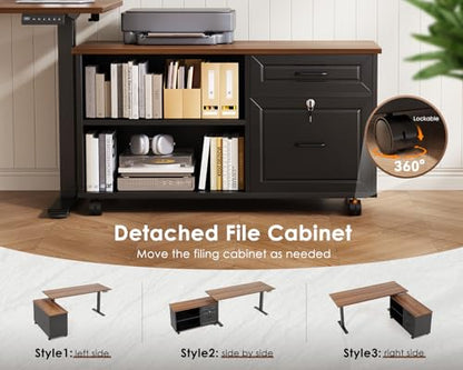 55" L Shaped Electric Standing Desk with Cabinet Sets, Walnut/Black, view 6