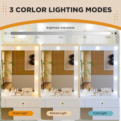 Vanity Desk with Mirror and Lights, White Vanity with Hidden Jewelry Storage Cabinet, Charging Station, 11 Drawers Makeup Vanity with Lights, Crystal Knobs, 3 Color Lighting Modes for Girls