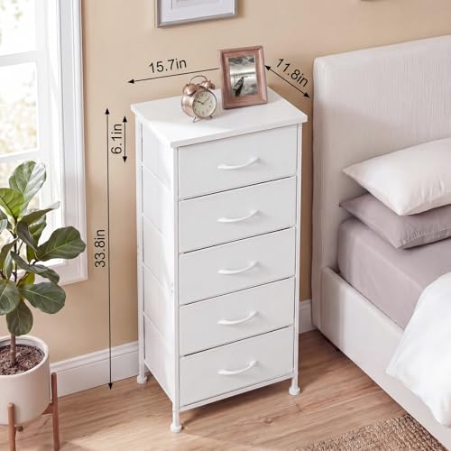 Tall Skinny Dresser with 5 Fabric Drawers, Narrow Dresser, White, 33.8in height, view 3