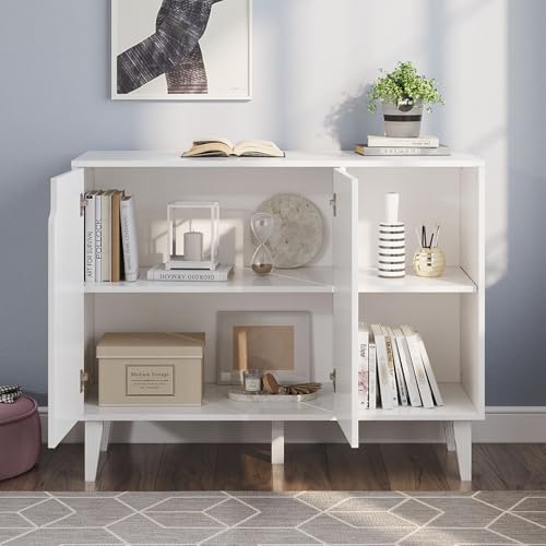 Kitchen Buffet Cabinet Storage Sideboard with 2 Doors 2 Shelves, 41.8" L x 15" W x 32.5" H (White)