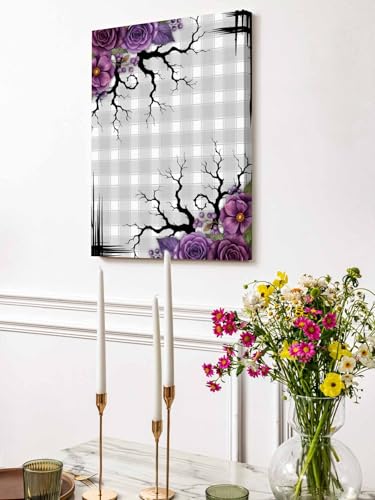 NuYeBiofx Halloween Flower Berry Tree Branch Canvas Wall Art Prints,48"x32" Framed Picture Artwork Purple Plant Gray Check Printed Canvas Oil Painting for Living Room Bedroom Office,Ready to Hang