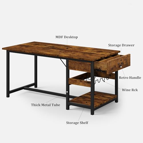 Dining Table Set for 4, Dining Room Table with Storage Drawers & Wine Rack, Kitchen Dining Table Set with Upholstered Benches for Dining Room-Retro Brown