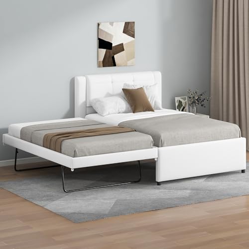 JIVOIT Twin Size Upholstery Platform Bed, Pull-Out Trundle, Upholstery Headboard (Beige-90-Twin)
