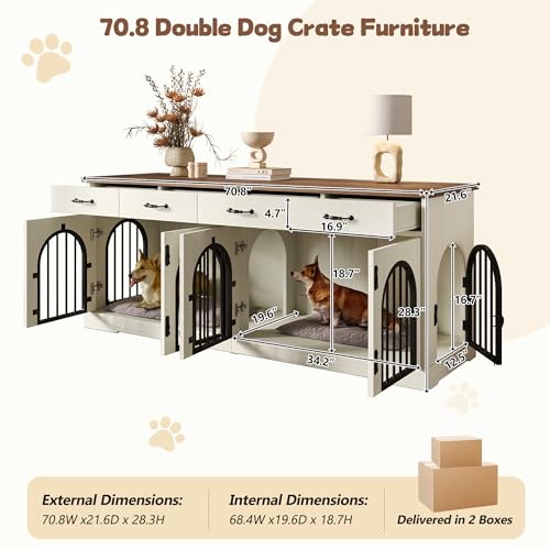 70.8" Large Dog Crate Furniture & TV Stand for 2 Dogs –Double Kennel with 4, view 4