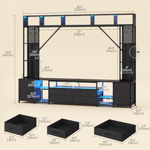 Large Entertainment Center with 11 Fabric Drawers & LED Lights, view 3