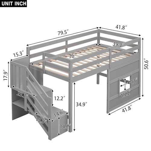Low Loft Bed with Stairs, Twin Wooden Loft Bed Frame for Kids with Storage, Gray