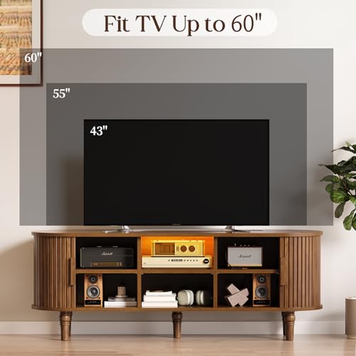 Mid Century Modern TV Stand - 55" TV Console with Fluted Sliding Doors, view 6