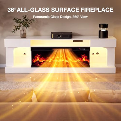 70" Modern Fireplace TV Stand,3-Sided Glass Electric Fireplace,White&Black, view 5
