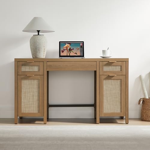 52" Rattan Home Office Desk with 3 Drawers: Boho Executive Desk with 2 Storage Cabinets, Large Computer Writing Table for Study, Office, Living Room