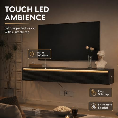 69" Fluted Floating TV Stand Wall Mounted with LED & Power Outlets Black, view 4