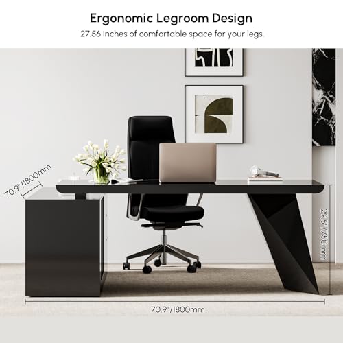 70.9" Modern L-Shape Executive Desk, Home Office Desk with Drawers & Cabinet Modern Computer Desk for Home Business Furniture, Black, Right Hand