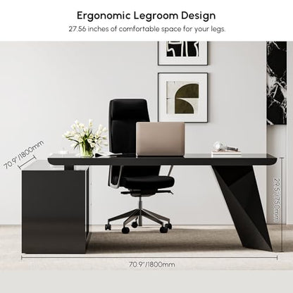 70.9" Modern L-Shape Executive Desk, Home Office Desk with Drawers & Cabinet Modern Computer Desk for Home Business Furniture, Black, Right Hand