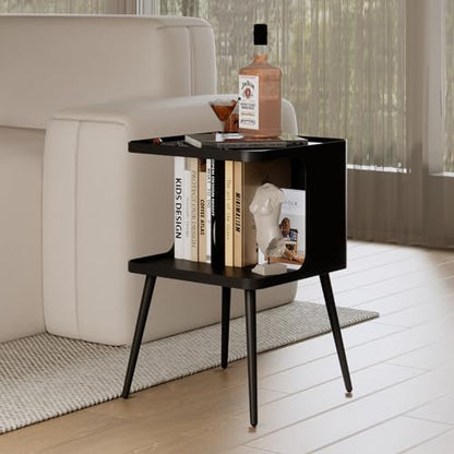 Modern Metal Side Table Nightstand, Small Square End Table for Bedroom & Living Room, Matte Black Bedside Table with Storage, Minimalist Accent Table for Small Spaces