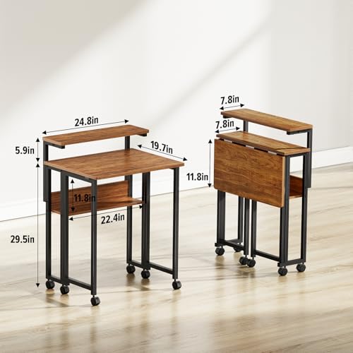 Folding Desk with Adjustable Monitor Stand and Storage Shelf, 24.8in Small Desk with Wheels, Mobile Rolling Table for Small Spaces, Home Office, Walnut