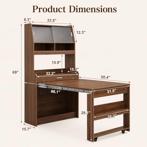 Kitchen Buffet with Hutch, 33.5-inch Sideboard Cabinet with Foldable Drop-Leaf Dining Table, Storage Shelves and Hooks for Small Spaces, Apartment (Walnut Wood+MDF + Farmhouse)