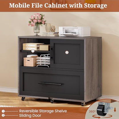 63" Executive Desk with Mobile File Cabinet, Large Office Desk with Drawer, Modern L Shaped Desk with Power Outlets, Storage Shelves, Corner Computer Desk Business Workstation Set (Grey)
