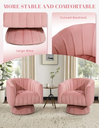 Swivel Accent Chair, Modern 360° Swivel Barrel Chair, Light Pink | Mid Century Overstuffed Tufted Velvet Chair with Armrest, Comfy Round Armchair, Ideal for Living Room, Bedroom, Reading Room