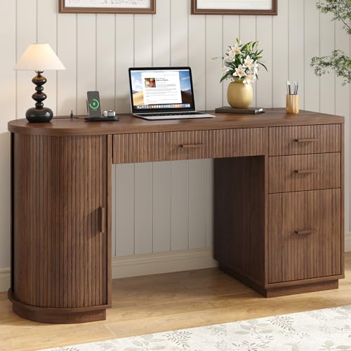 58 Inch Fluted Executive Desk with File Drawer, Walnut, view 4