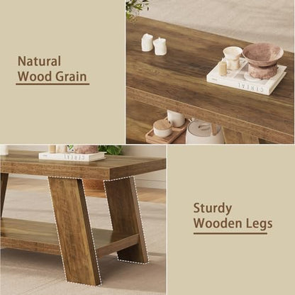 47.24" Coffee Table for Living Room, Farmhouse Wooden Coffee Table with Storage, Rectangle Rustic Accent Center Table with for Home Apartment Office, Retro Brown