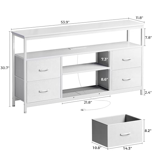 TV Stand Dresser with Power Outlets and LED Lights, 4 Drawers Entertainment Center with Shelves, 54 Inch Media Console for 55 60 Inch TV, 4 AC Outlets, 2 USBs, Dresser with PU Finish, White