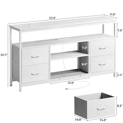TV Stand Dresser with Power Outlets and LED Lights, 4 Drawers Entertainment Center with Shelves, 54 Inch Media Console for 55 60 Inch TV, 4 AC Outlets, 2 USBs, Dresser with PU Finish, White
