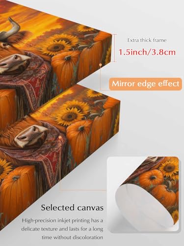 NuYeBiofx Thanksgiving Pumpkin Farm Yak Canvas Wall Art Prints,30"x20" Framed Picture Artwork Gradient Orange Sky Printed Canvas Oil Painting for Living Room Bedroom Office,Ready to Hang