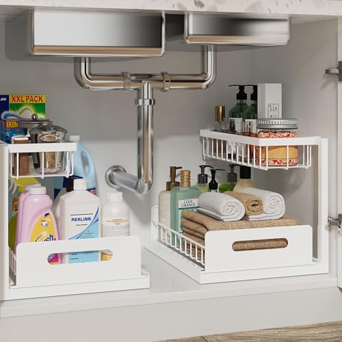 Under Sink Organizer, Pull Out Cabinet Organizer, 2 Tier Metal Slide Out Shelf with L Shaped Design for Kitchen, Bathroom, Laundry, and Utility Cabinet Storage for Deep Cabinets, White, 2 Pack