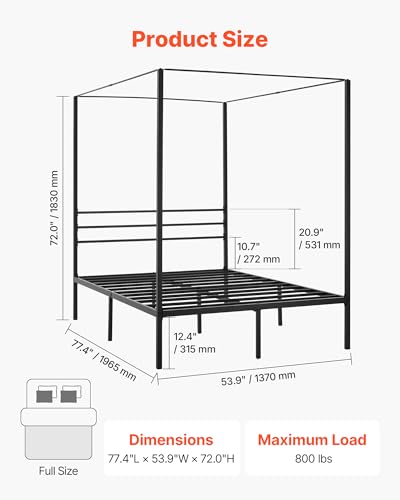 Canopy Bed Frame Full Size, Metal Canopy Bed with Four Posters Design, view 4