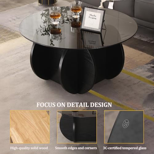 Black Coffee Table, 31.5" Round Glass Coffee Table for Living Room Mid Century Modern Coffee Table Unique Circle Center Table with Wood Base