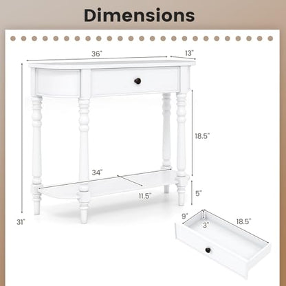 2-Tier Narrow Console Table, 36" White Entryway Table with Storage Drawer & Elegant Legs, Wooden Sofa Table with Open Shelf for Living Room, Foyer, Hallway, Bedroom, Entrance