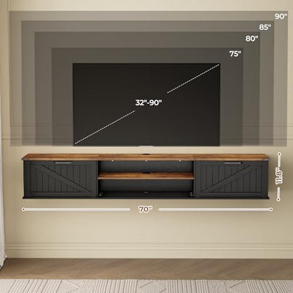 70" Farmhouse Floating TV Stand with Filp Doors for TVs up to 90", Black, view 3