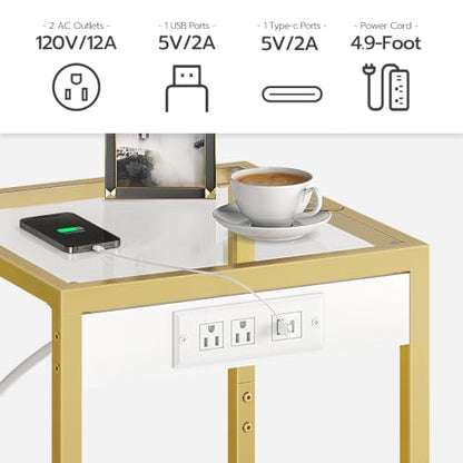Side Table with Charging Station, Set of 2 End Tables with USB Port, Nightstand for Tight Spaces, Tempered Glass, Modern Metal Frame, for Office, Bedroom, Living Room, Gold GD76UBZP201