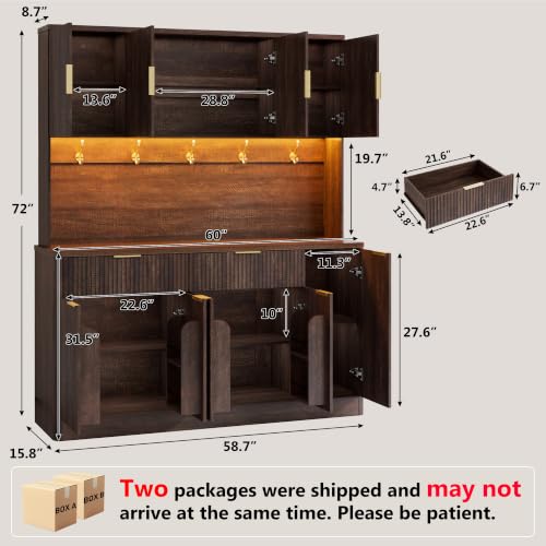 60"W 72"H Pantry Storage Cabinet, Fluted Kitchen Hutch, Rustic Brown, view 3