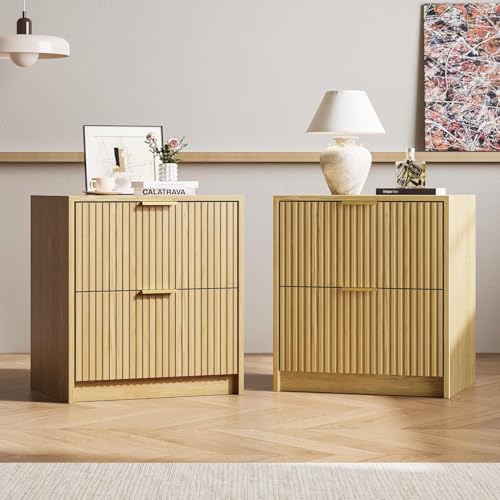 3-Piece Dresser Bedroom Set, 9 Drawer Dresser & 2 Drawer Nightstands with Gold Handles, Fluted Wood Chest of Drawers for Bedroom, Living Room, Entryway, Nature