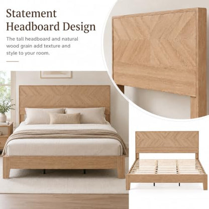 King Size Bed Frame with Headboard, Oak Color Platform Bed, Modern Design, view 5