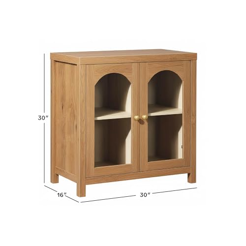 Sasha Modern Arched Glass Cabinet with Brass Hardware, 30 Inch, English Oak
