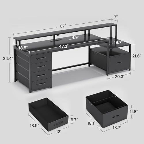 Computer Desk with 5 Drawer, Power Outlet, Led Lights, Black, view 3