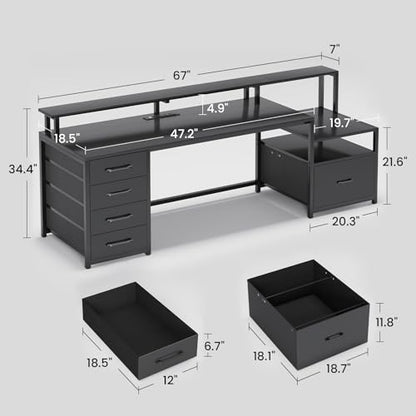 Computer Desk with 5 Drawer, Power Outlet, Led Lights, Black, view 3