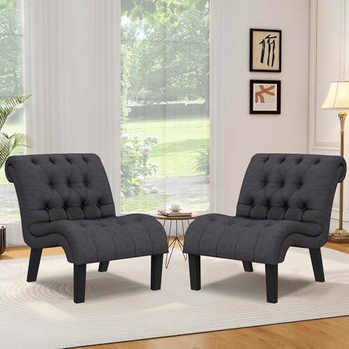Accent Chair Button Tufted Slipper Chair Armless Side Chair for Living Room Dining Room Bedroom Funiture (Set of 2)