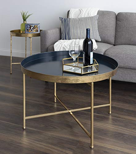 Celia Modern Glam Round Coffee Table, 28.25" x 28.25" x 19", Navy Blue and Gold Leaf, Chic Sophisticated Accent Table