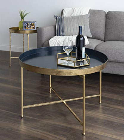 Celia Modern Glam Round Coffee Table, 28.25" x 28.25" x 19", Navy Blue and Gold Leaf, Chic Sophisticated Accent Table