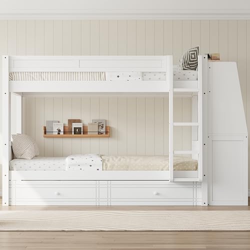 JIVOIT Full Size Bunk Bed, Multifunctional Wood Bunk Bed Frame with Desk and Bookshelves, Drawers, Space-Saving Design, Wooden Slats Support, No Box Spring Needed (White,Full-43)