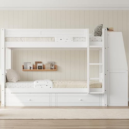 JIVOIT Full Size Bunk Bed, Multifunctional Wood Bunk Bed Frame with Desk and Bookshelves, Drawers, Space-Saving Design, Wooden Slats Support, No Box Spring Needed (White,Full-43)