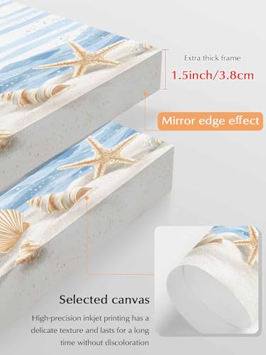 NuYeBiofx Summer Beach Shell Starfish Conch Canvas Wall Art Prints,30"x20" Framed Picture Artwork Seaside Ocean Wave Blue Line Printed Canvas Oil Painting for Living Room Bedroom Office,Ready to Hang