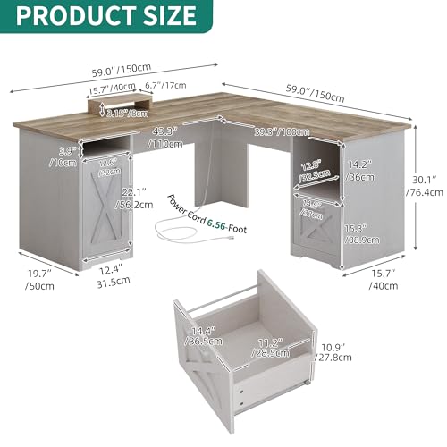 L Shaped Desk with Power Outlets, 60 Inch Computer Desk Corner Desk with File Drawer, Home Office Desk with Monitor Stand & Storage Shelves, L-Shaped Desk with File Cabinet, Grey Wash