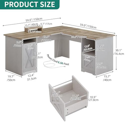 L Shaped Desk with Power Outlets, 60 Inch Computer Desk Corner Desk with File Drawer, Home Office Desk with Monitor Stand & Storage Shelves, L-Shaped Desk with File Cabinet, Grey Wash